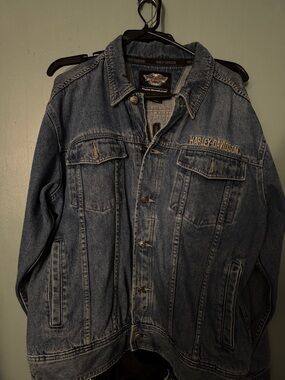 Harley-Davidson Men’s Distressed Blue Denim Jacket with Embroidered Logo